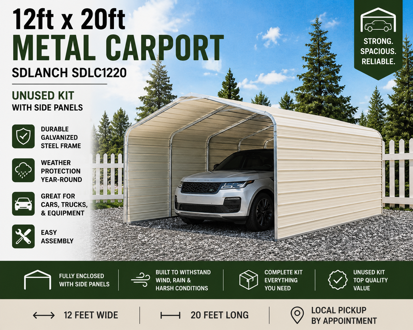 12' x 20' Metal Carport – SDLANCH SDLC1220 – Galvanized Steel Frame