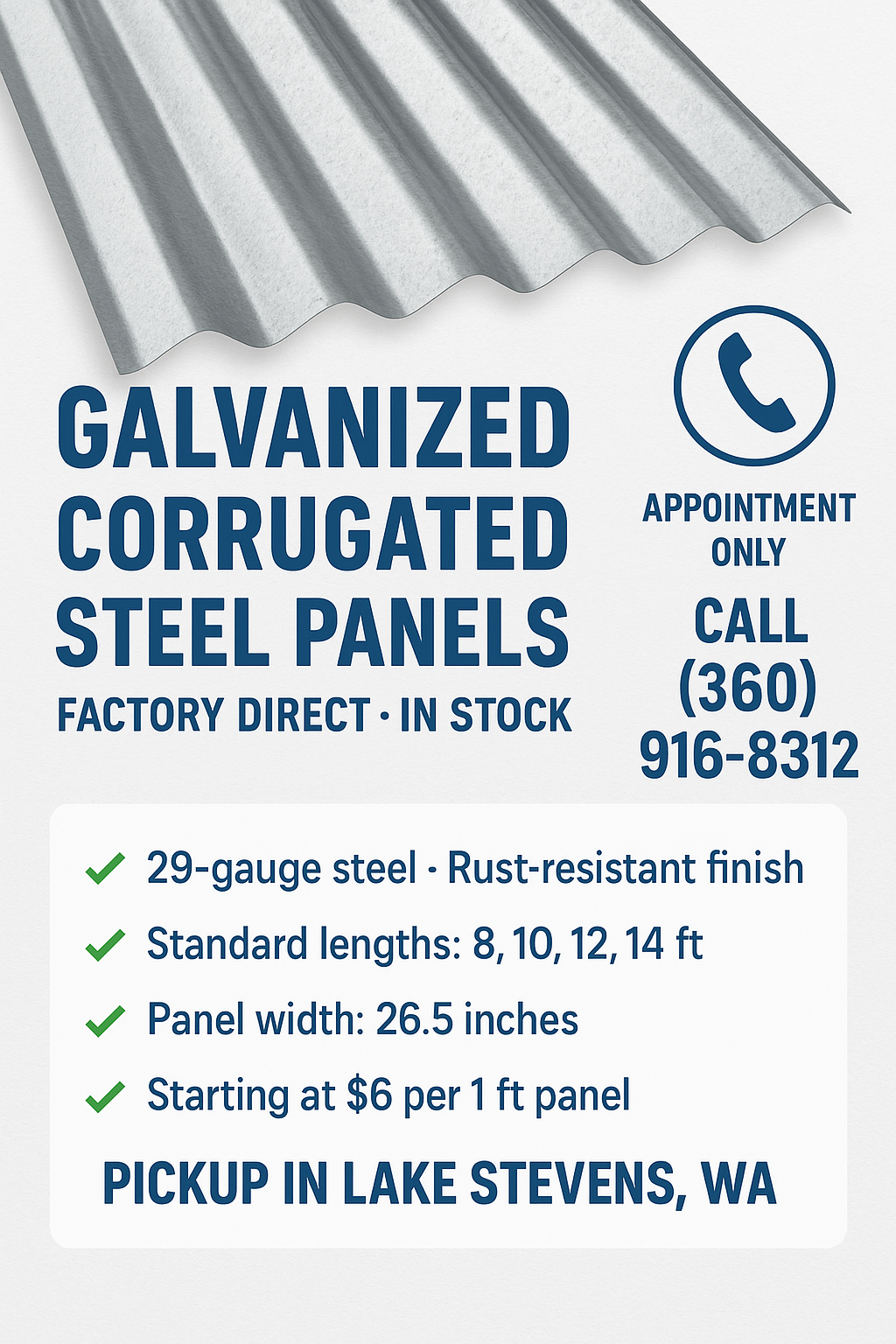 29-Gauge Corrugated Galvanized Aluminum-Zinc Steel Panels - Local Pickup Only