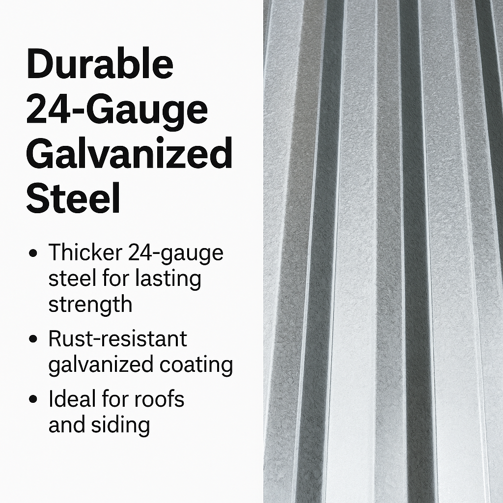 Text describing durable 24-gauge galvanized steel with a close-up of metal strip on a white background.