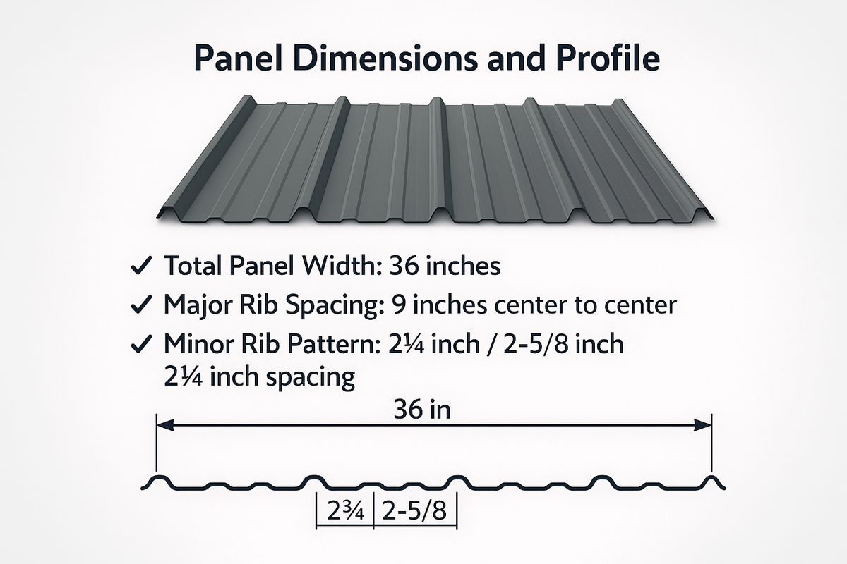 Technical diagram showing the 'Rib Panel' profile dimensions: 36-inch total panel width, 9-inch major rib spacing (center to center), and a minor rib pattern with 2-3/4 inch and 2-5/8 inch spacing.