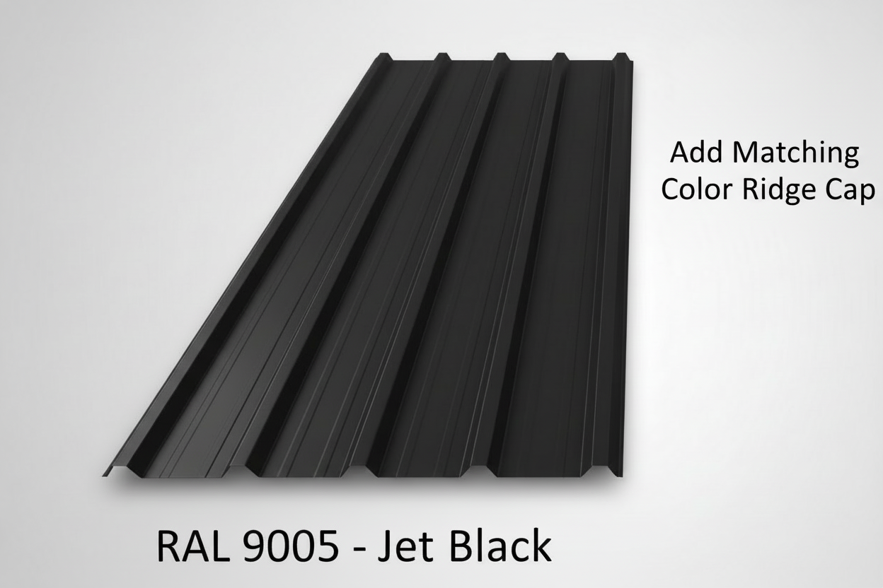 Jet Black (RAL 9005) metal rib roofing panel with a callout recommending a matching color ridge cap for a uniform and professional finish on roofing or siding installations.