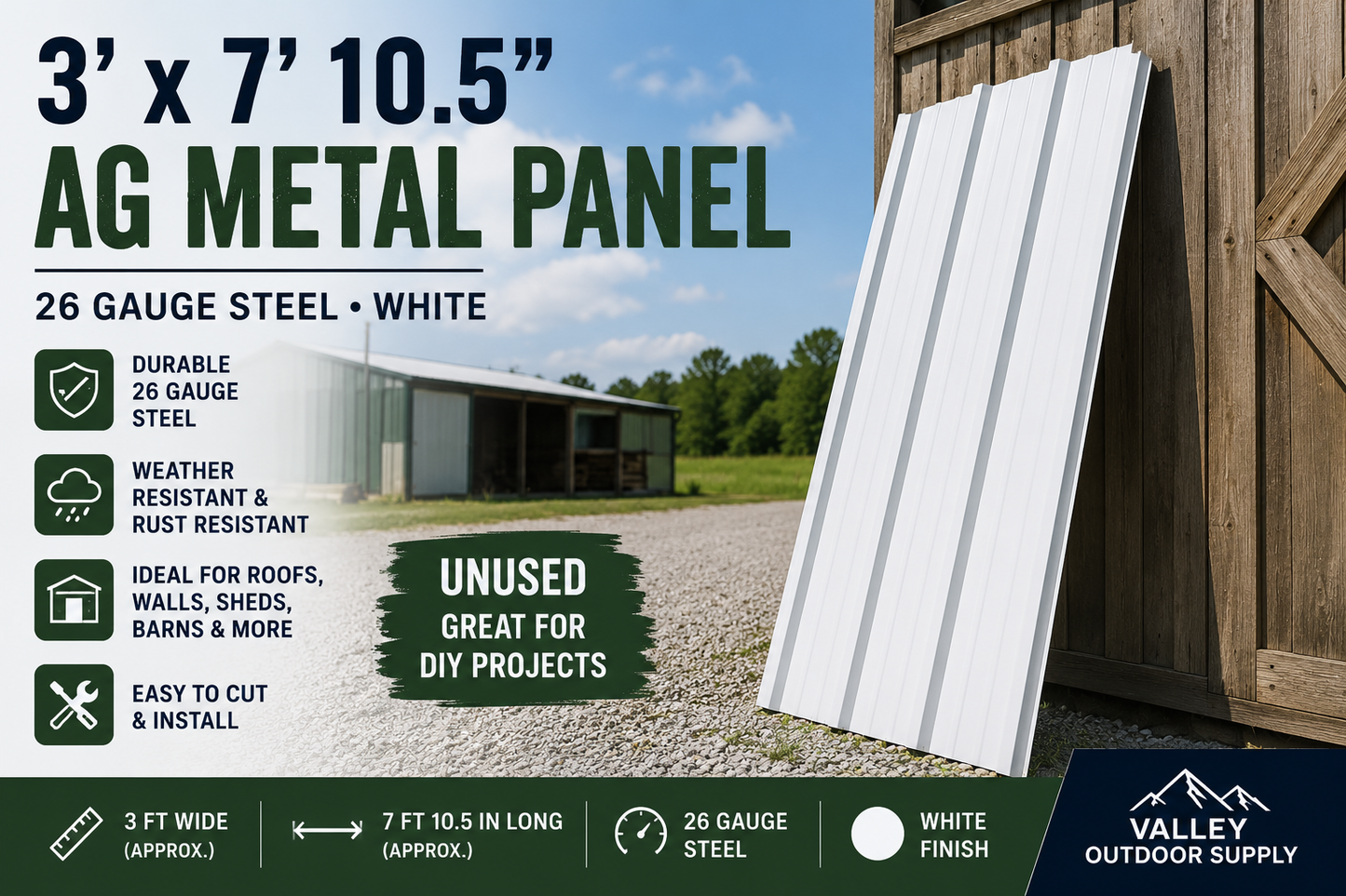AG Rib Metal Roofing Panel – 3' x 7' 10.5" – 26 Gauge Steel