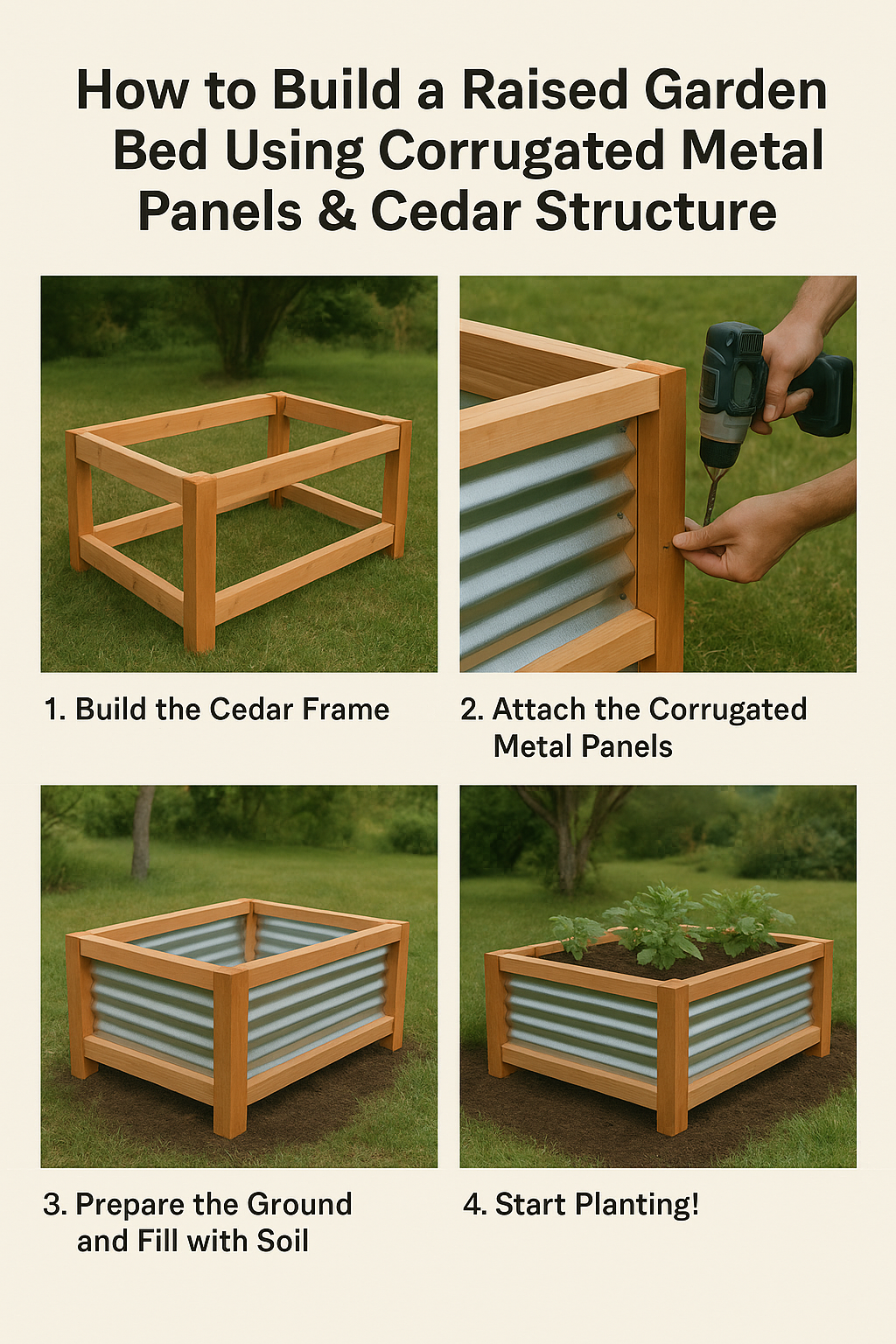 DIY raised garden bed tutorial using corrugated metal panels and cedar frame by Valley Outdoor Supply