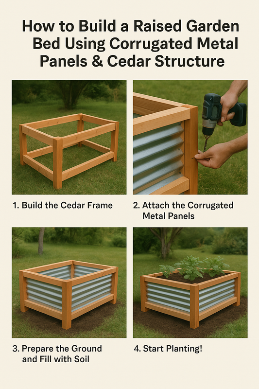 DIY raised garden bed tutorial using corrugated metal panels and cedar frame by Valley Outdoor Supply