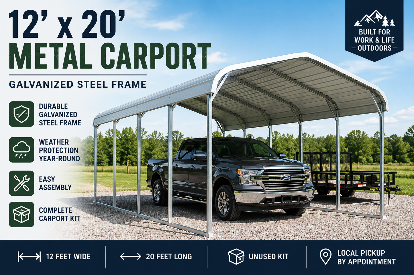 12' x 20' Metal Carport – SDLANCH SDLC1220 – Galvanized Steel Frame