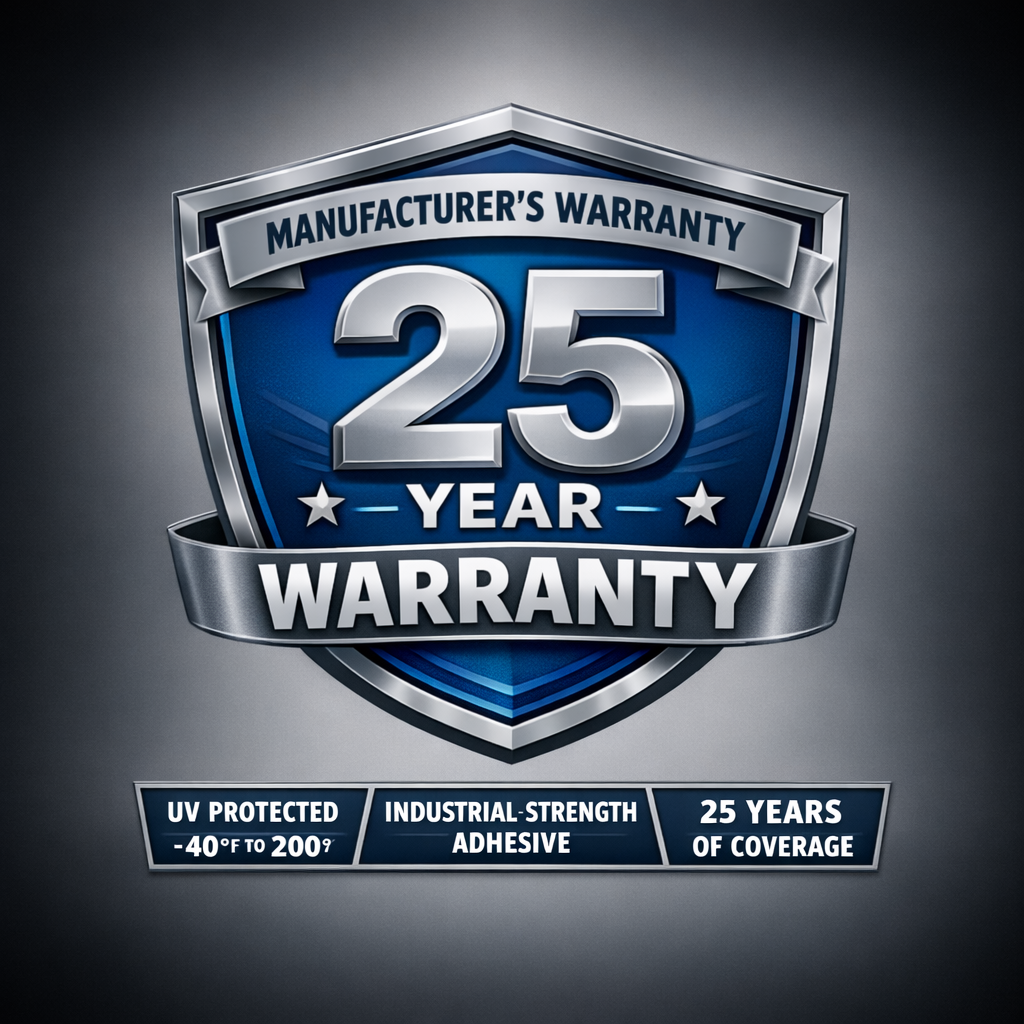 Official 25-year manufacturer's warranty badge for DRY-CON X® container vents, highlighting key features: UV protection for temperatures from -40°F to 200°F, industrial-strength adhesive application, and 25 years of coverage