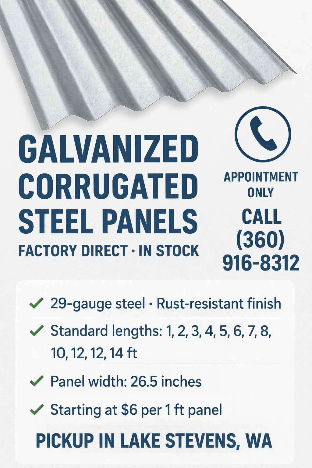 Factory-direct 29-gauge galvanized corrugated steel panels in Lake Stevens, WA. Advertisement showing standard lengths from 1ft to 14ft, 26.5-inch width, and rust-resistant finish for PNW roofing.