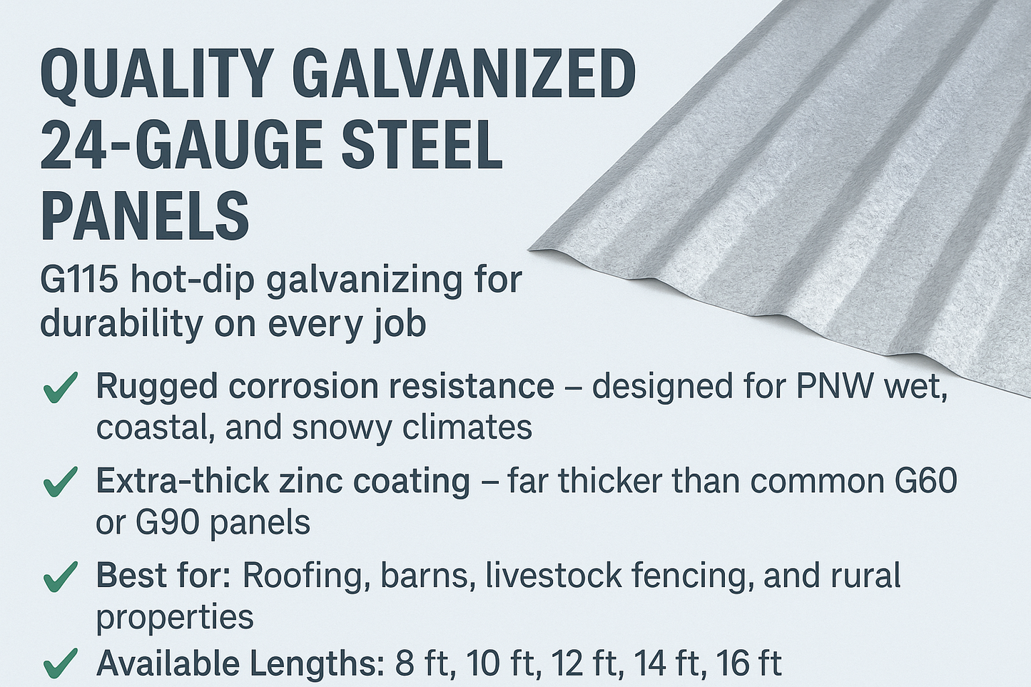 24-Gauge Corrugated Metal Roof Panel – Galvanized Steel – 8ft to 16ft Local Pick Up Only