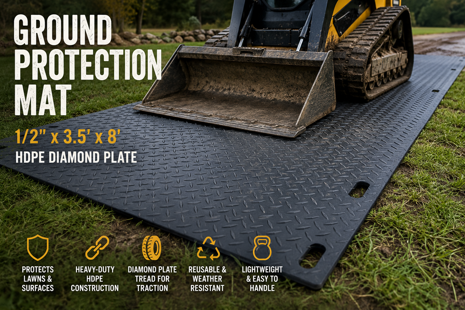 Ground protection mat with a bulldozer on it, highlighting its features and dimensions.