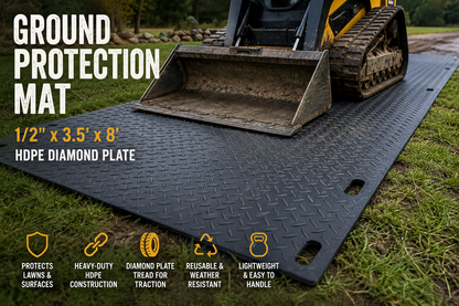 Ground protection mat with a bulldozer on it, highlighting its features and dimensions.