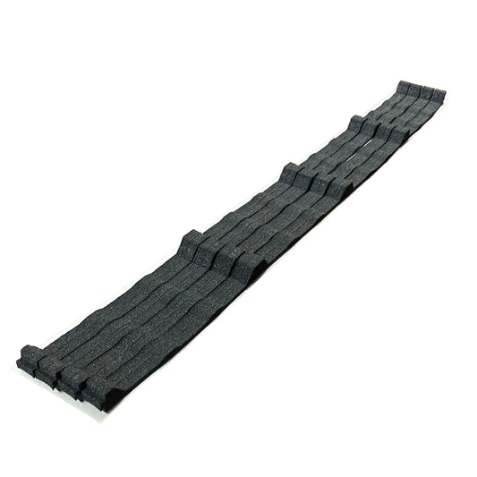 A set of dark gray foam closure strips designed for 'Pro' rib metal roofing panels. The image shows the strips featuring a contoured, wavy profile that matches the rib pattern of the roofing, used to provide a weather-tight seal at the eave or ridge.