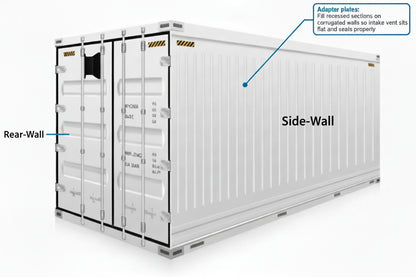 Technical diagram of a white shipping container highlighting Rear-Wall and Side-Wall vent placement, with a callout explaining how adapter plates fill recessed corrugated sections for a flat, weather-tight seal.