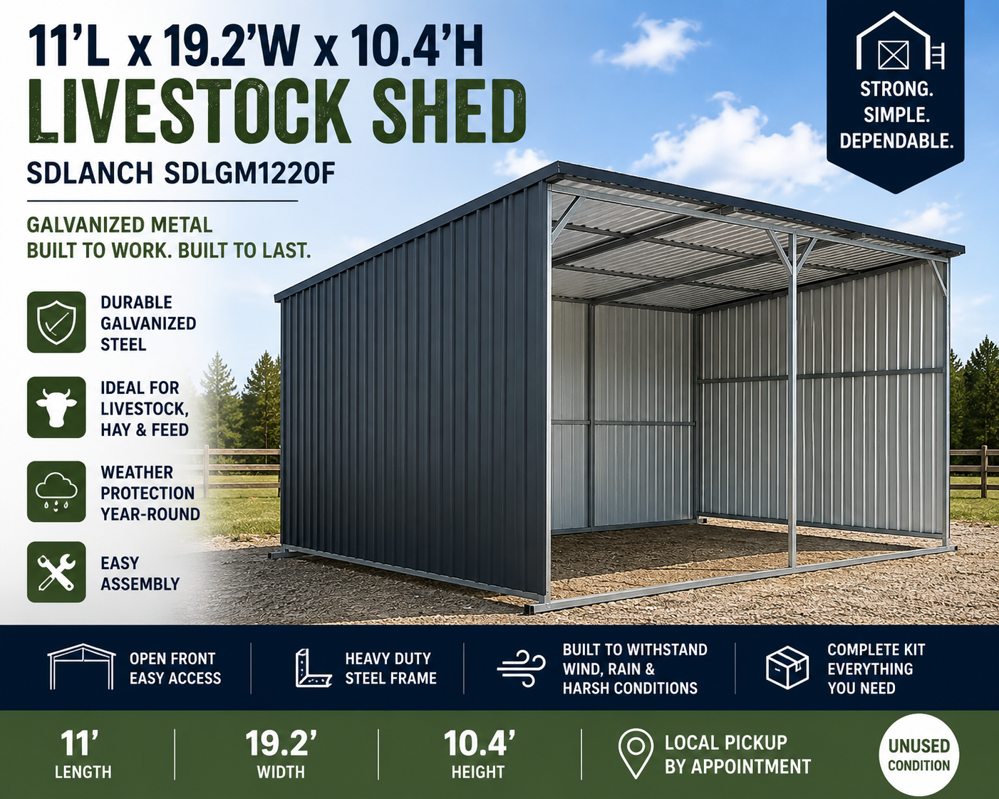 Galvanized Metal Livestock Shed – 11' x 19.2' x 10.4' – SDLANCH SDLGM1220F