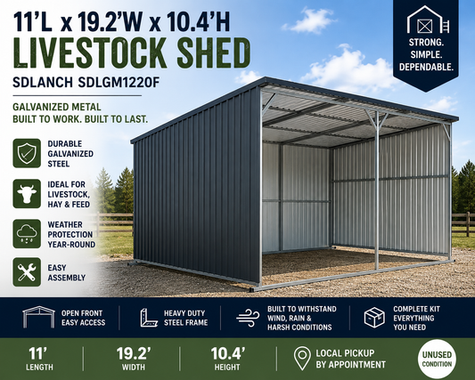 Galvanized Metal Livestock Shed – 11' x 19.2' x 10.4' – SDLANCH SDLGM1220F