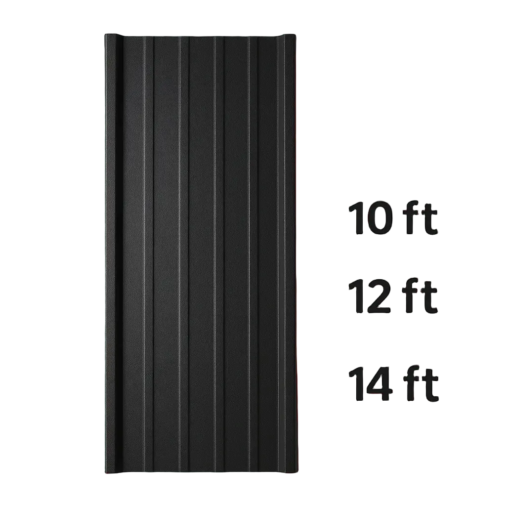 Jet Black (RAL 9005) metal rib roofing panel shown with text indicating availability in 10 ft, 12 ft, and 14 ft lengths, ideal for various residential and commercial roofing and siding projects.