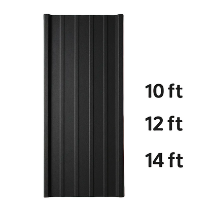 Jet Black (RAL 9005) metal rib roofing panel shown with text indicating availability in 10 ft, 12 ft, and 14 ft lengths, ideal for various residential and commercial roofing and siding projects.
