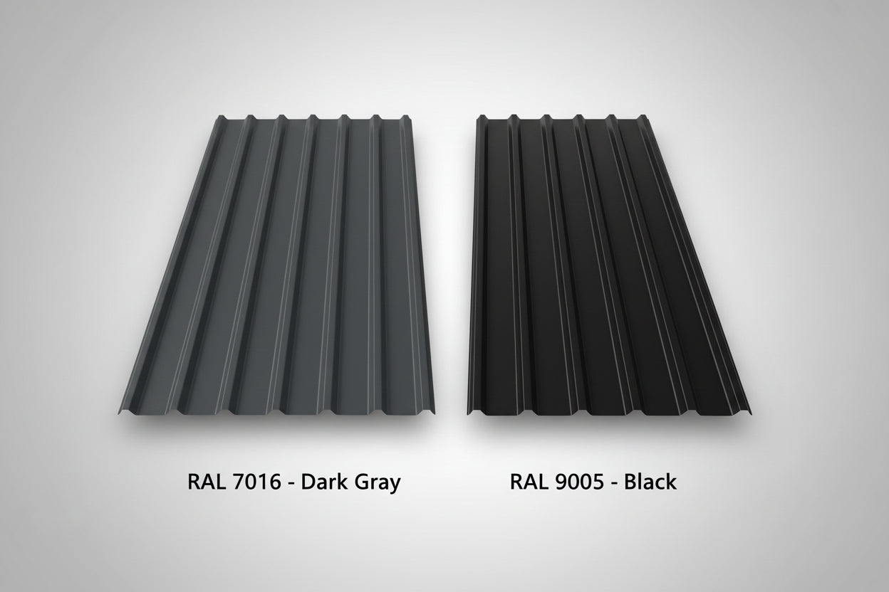 Side-by-side comparison of two metal roofing panels: Dark Gray (RAL 7016) on the left and Black (RAL 9005) on the right, showcasing the clean rib profile and premium painted finish.