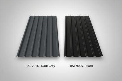 Side-by-side comparison of two metal roofing panels: Dark Gray (RAL 7016) on the left and Black (RAL 9005) on the right, showcasing the clean rib profile and premium painted finish.