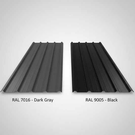 Two metal roofing panels, one dark gray (RAL 7016) and one black (RAL 9005), on a light gray background.