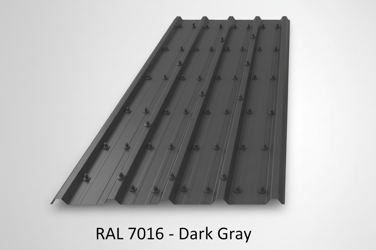 Dark gray metal roofing panel on a white background with RAL 7016 color code.