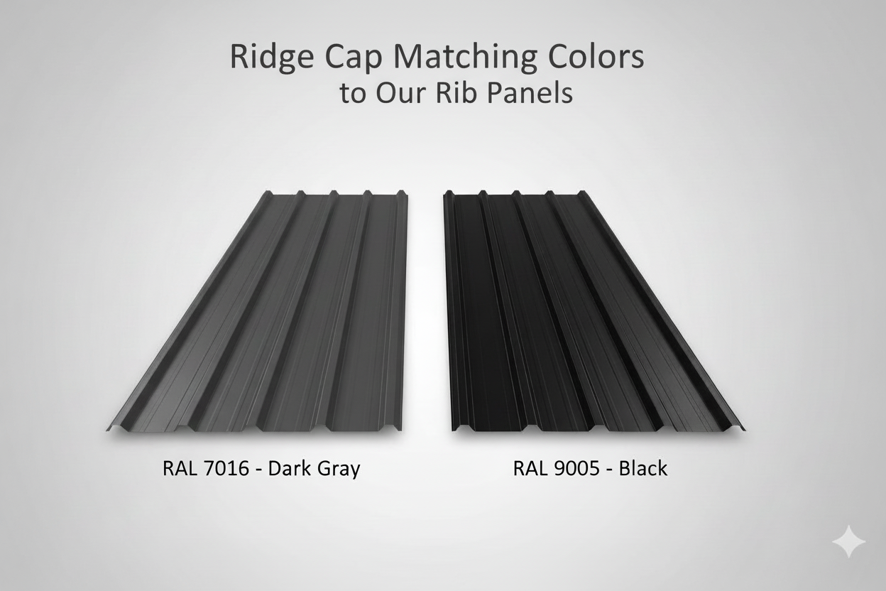 Two roof panels labeled RAL 7016 Dark Gray and RAL 9005 Black on a gray background.