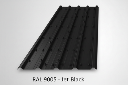 Black metal panel with textured surface on a light gray background