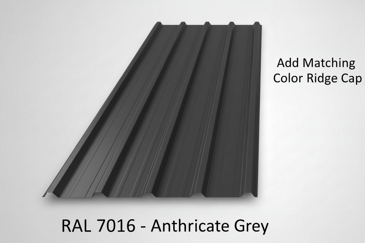 Roofing panel in RAL 7016 Anthracite Grey with text on a light gray background