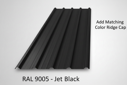 Black roof panel with matching color ridge cap on a light gray background