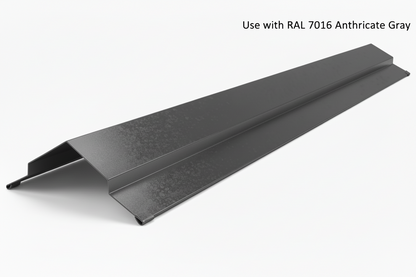 Metal roof edge trim on a white background with text indicating RAL 7016 Anthracite Gray color.