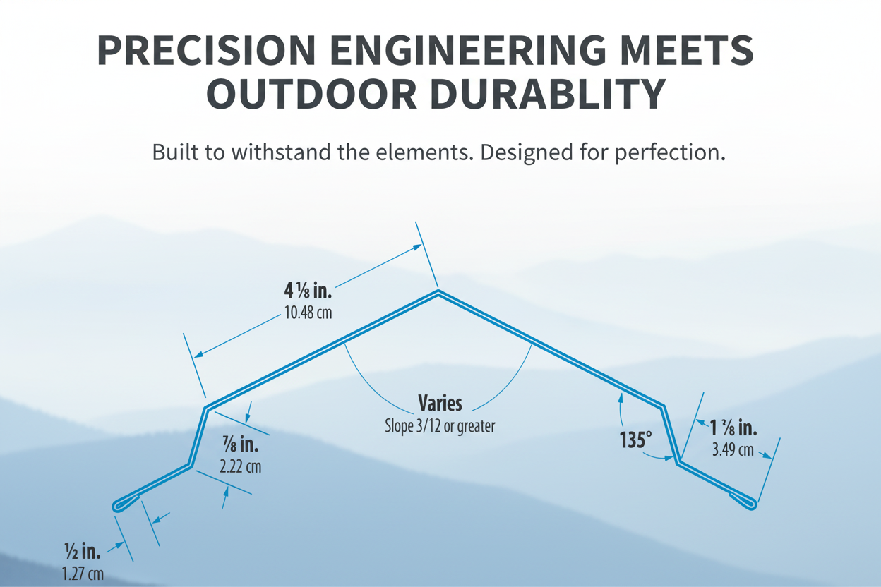 Technical diagram of a roofline with measurements and text about precision engineering and outdoor durability.