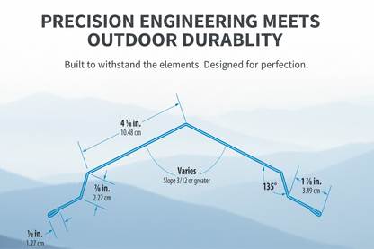 Technical diagram of a roofline with measurements and text about precision engineering and outdoor durability.