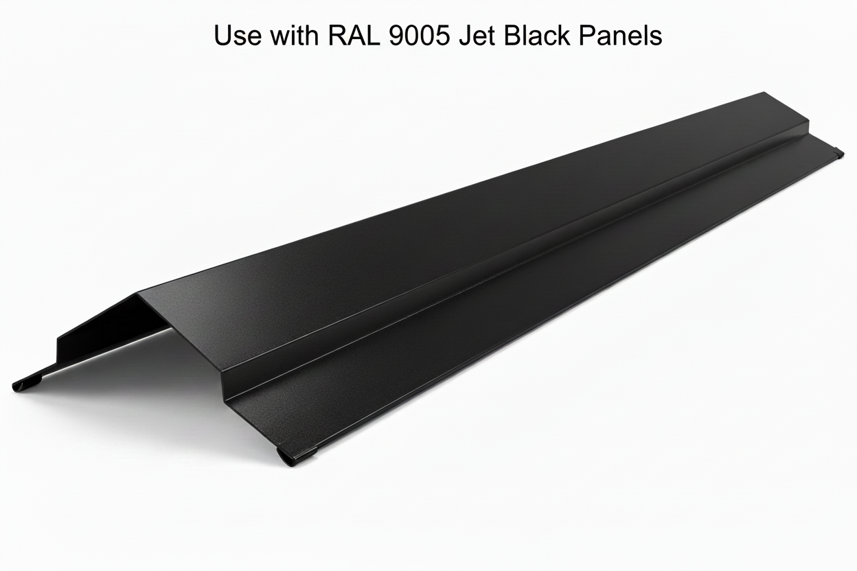 Black metal panel with RAL 9005 Jet Black color code on a white background