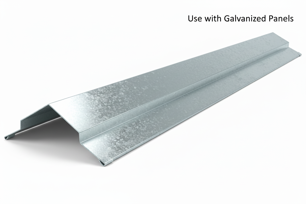 Metal panel trim on a white background with text indicating use with galvanized panels.