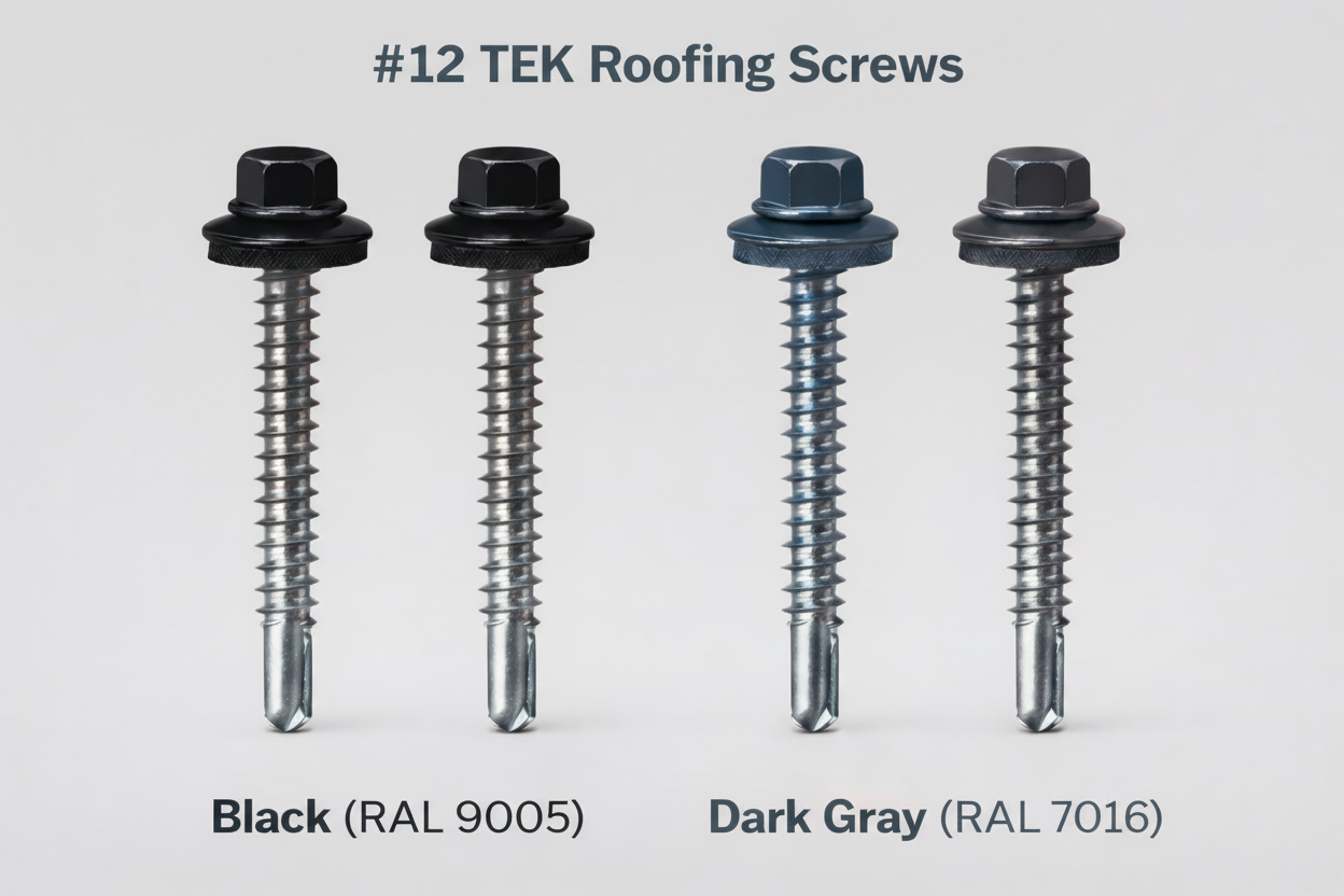 A comparison of #12 TEK Roofing Screws in two finishes: Black (RAL 9005) and Dark Gray (RAL 7016), showing two screws of each color with self-drilling tips and integrated washers on a white background.