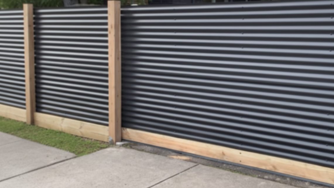 Corrugated metal fence with wooden base and trim in a residential setting