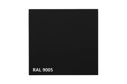 Jet Black (RAL 9005) color sample for metal roofing panels, demonstrating the deep matte finish used for modern residential and commercial siding and roofing projects.
