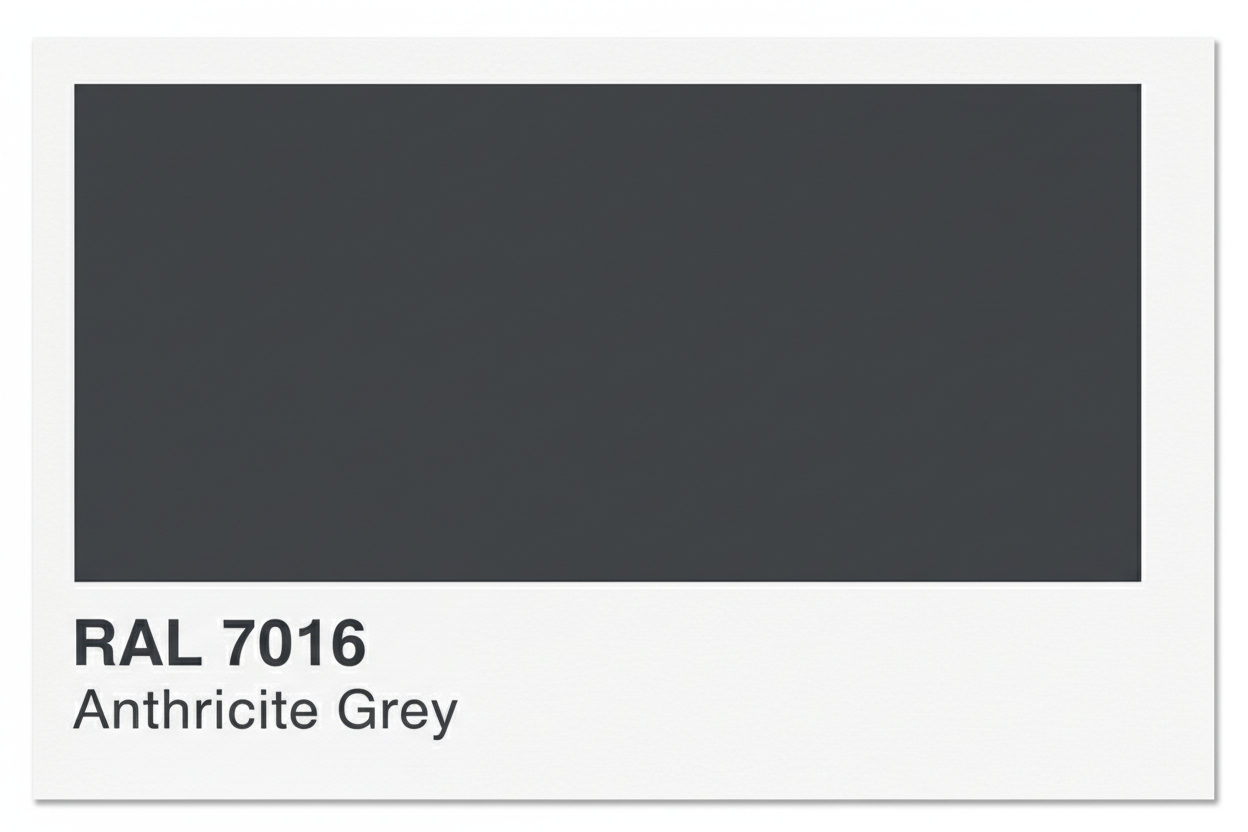Anthracite Grey (RAL 7016) color swatch for metal roofing panels, showing the premium dark grey finish ideal for modern industrial and residential exterior designs.