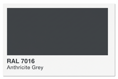 Anthracite Grey (RAL 7016) color swatch for metal roofing panels, showing the premium dark grey finish ideal for modern industrial and residential exterior designs.