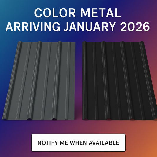 Two metal roofing panels on a gray background with text about color availability.